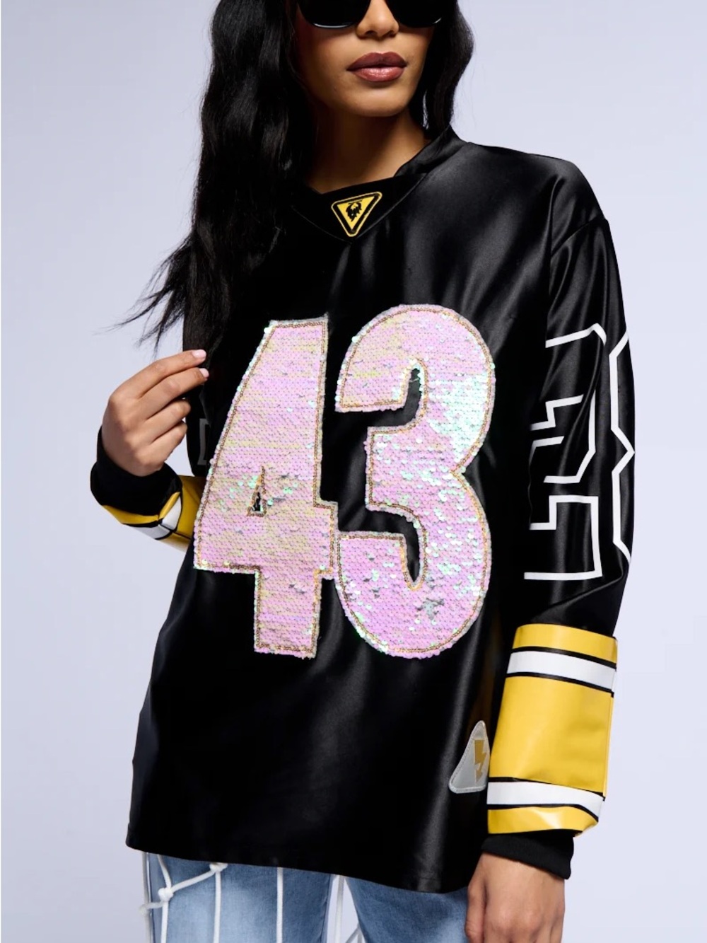 AKIRA Black Jersey Tunic with Pink Sequin '43 and Yellow Sleeve Bands